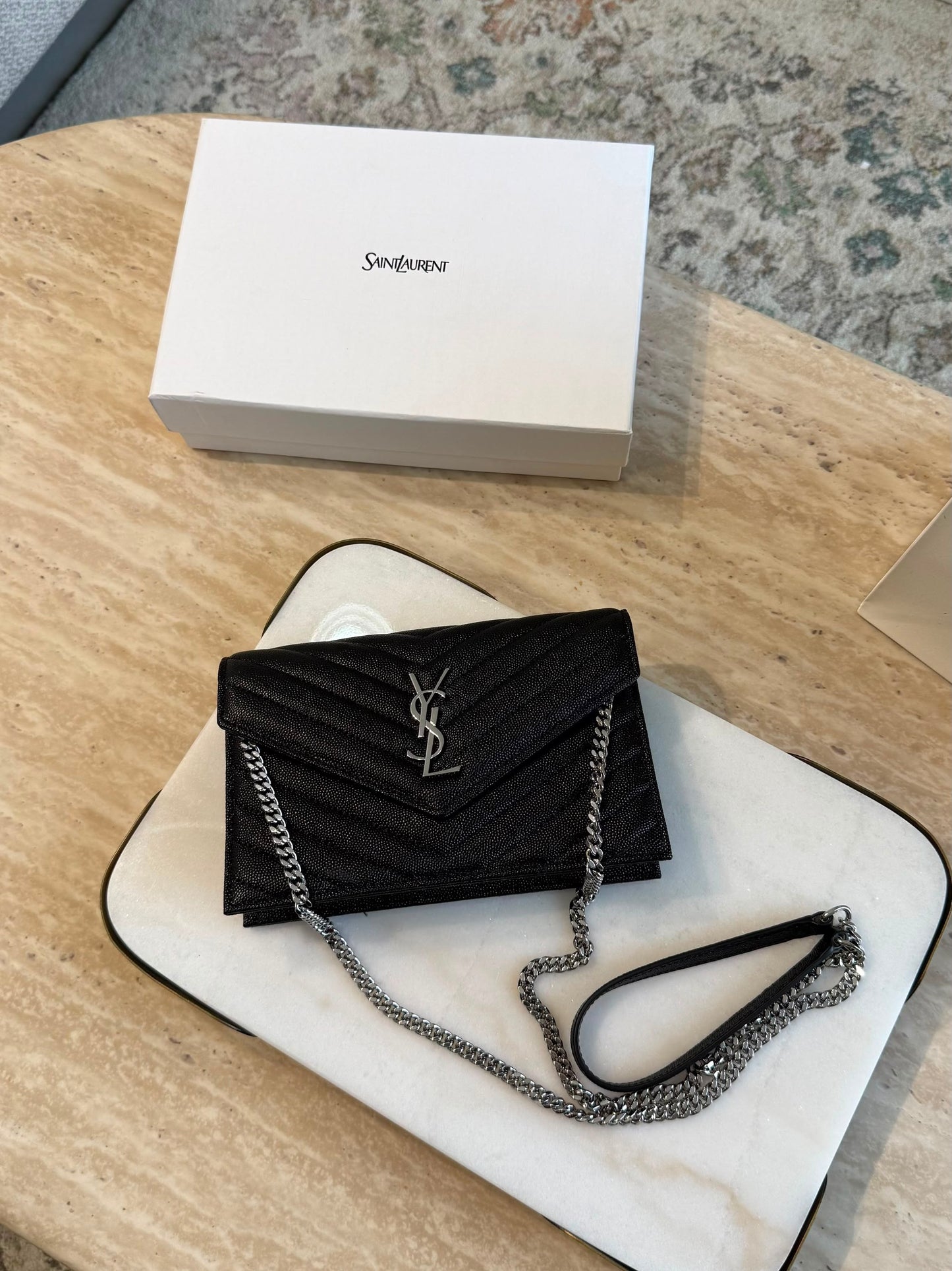 YSL Cassandre Envelope Wallet on Chain — Black & Silver