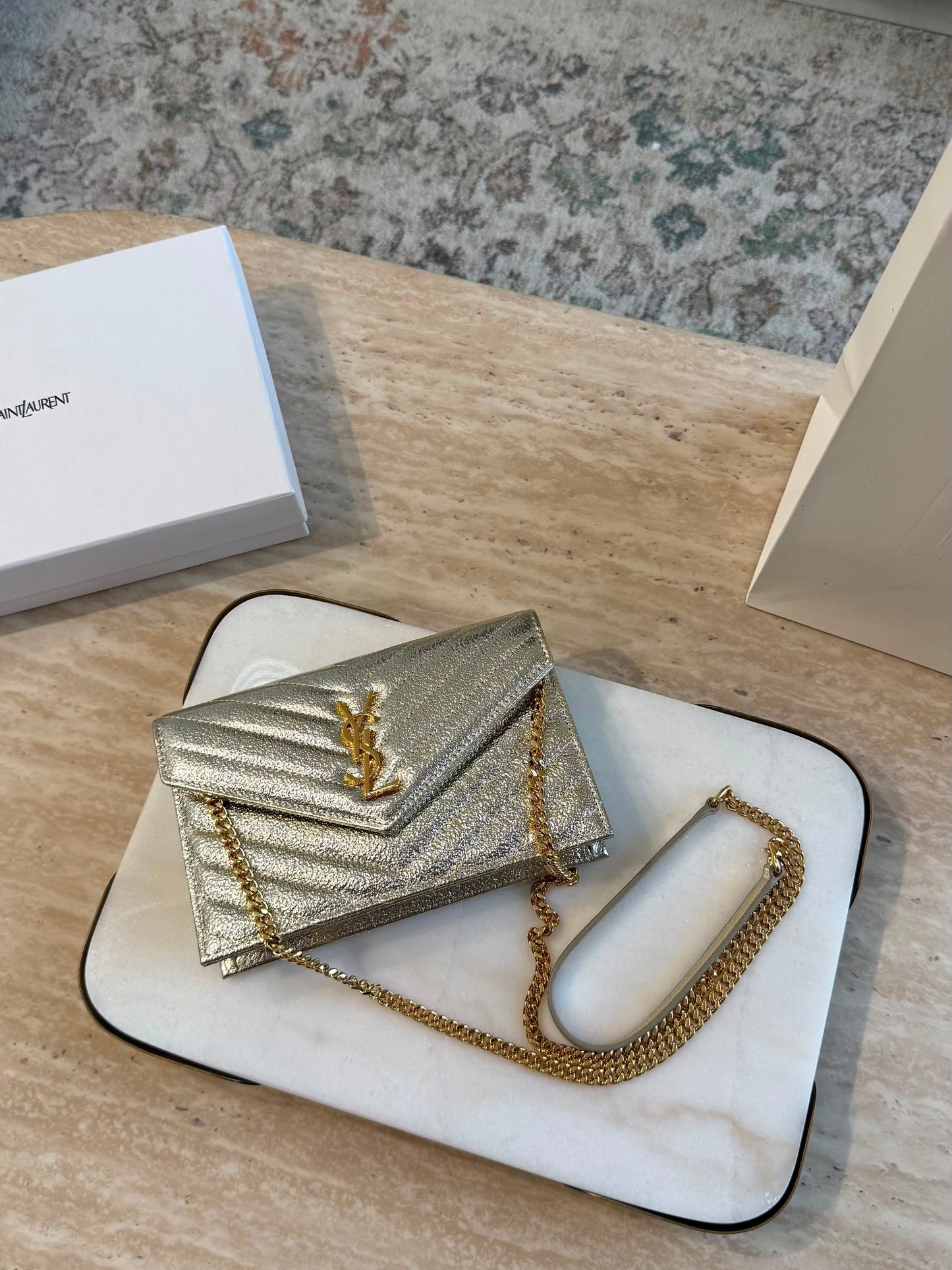 YSL Cassandre Envelope Wallet on Chain — Gold