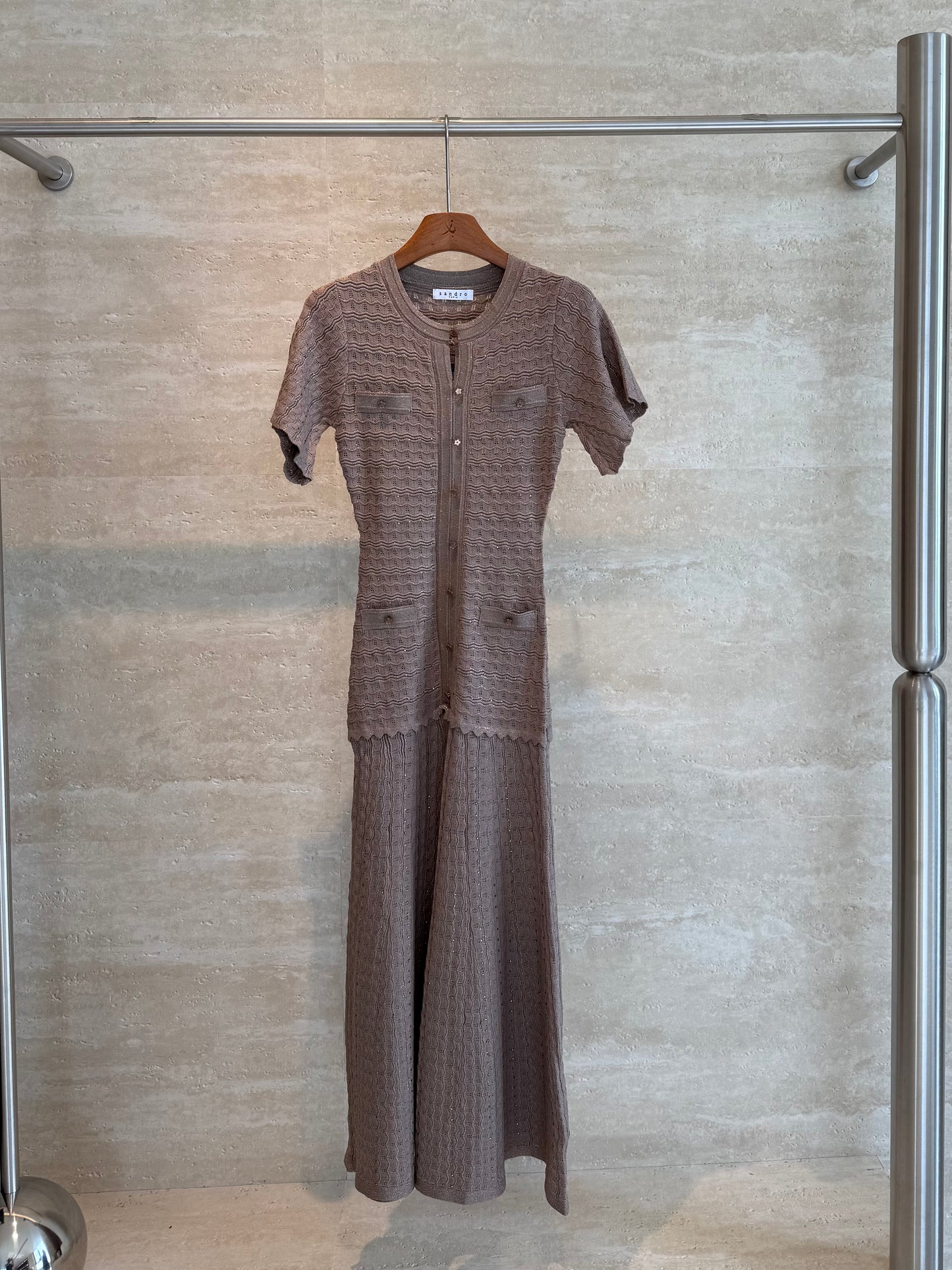 Sandro Paris Crochet-Knit Maxi Dress — Taupe