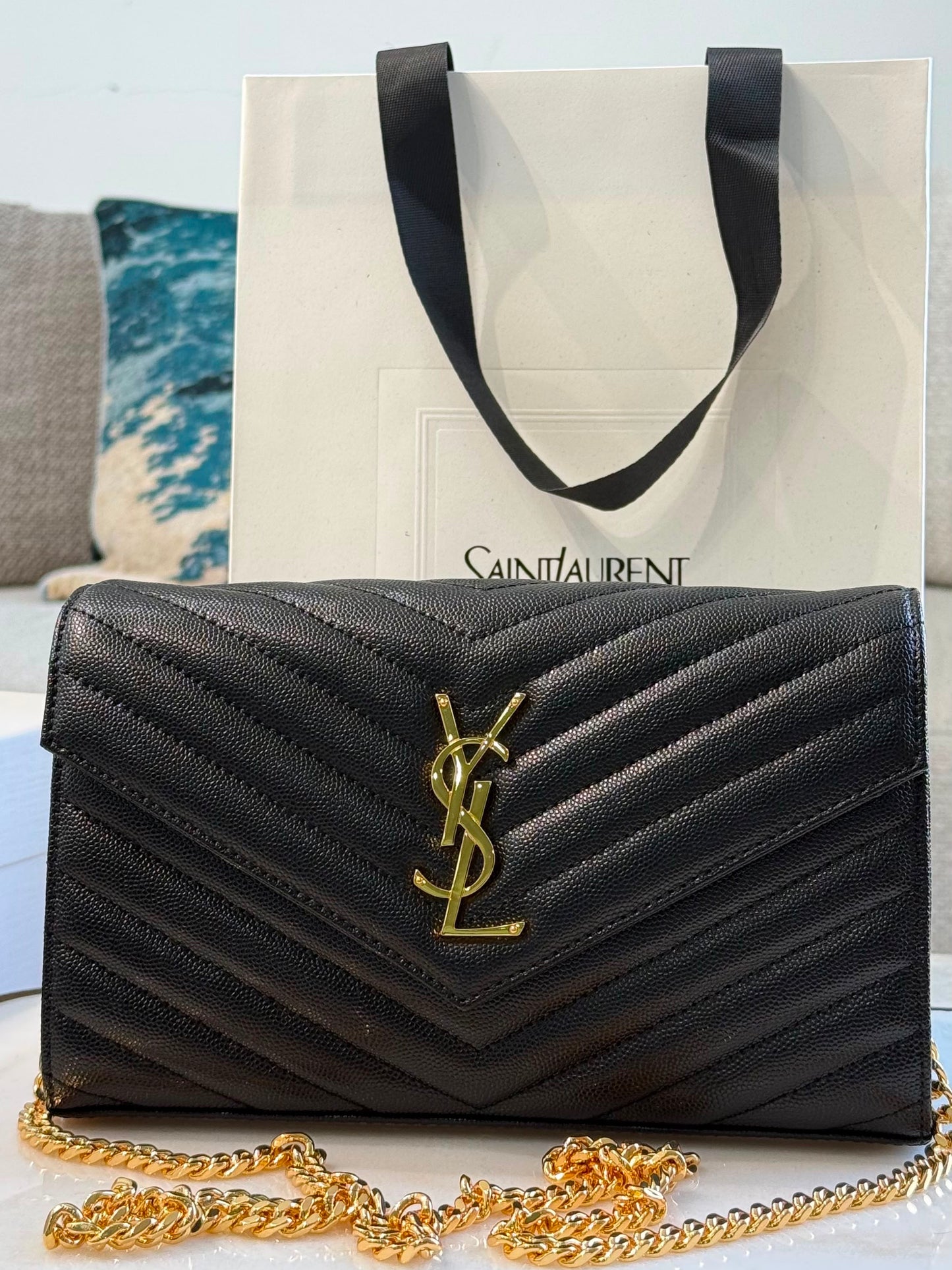 YSL Cassandre Wallet on Chain — Black &amp; Gold