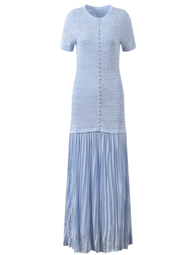 Sandro Paris Pearl-Embellished Knit Maxi Dress — Light Blue