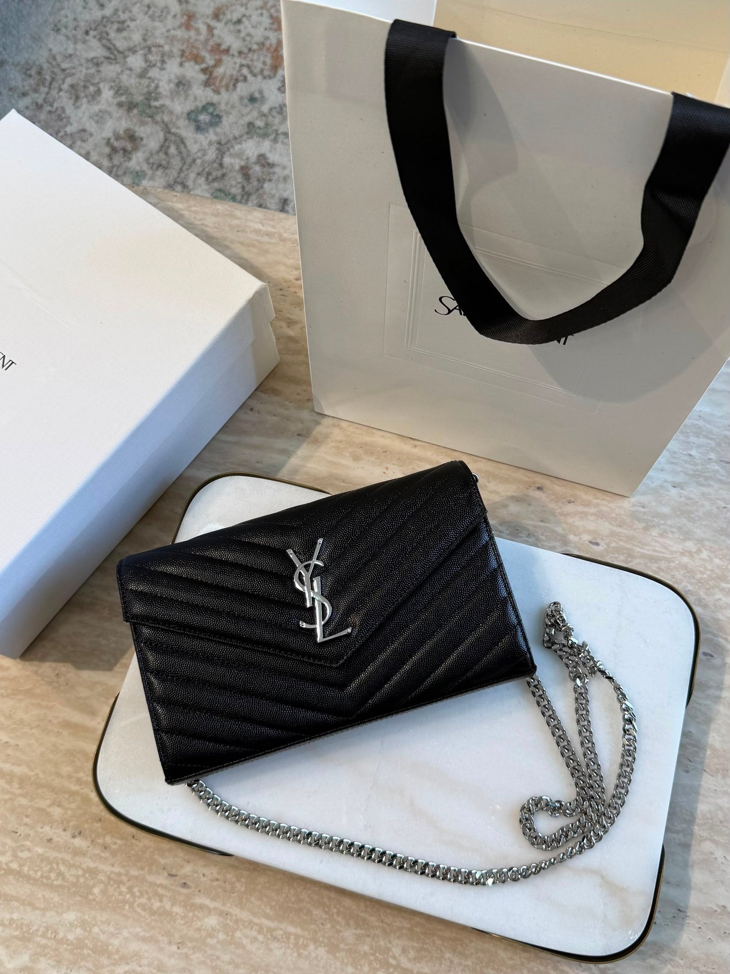 YSL Cassandre Wallet on Chain — Black &amp; Silver