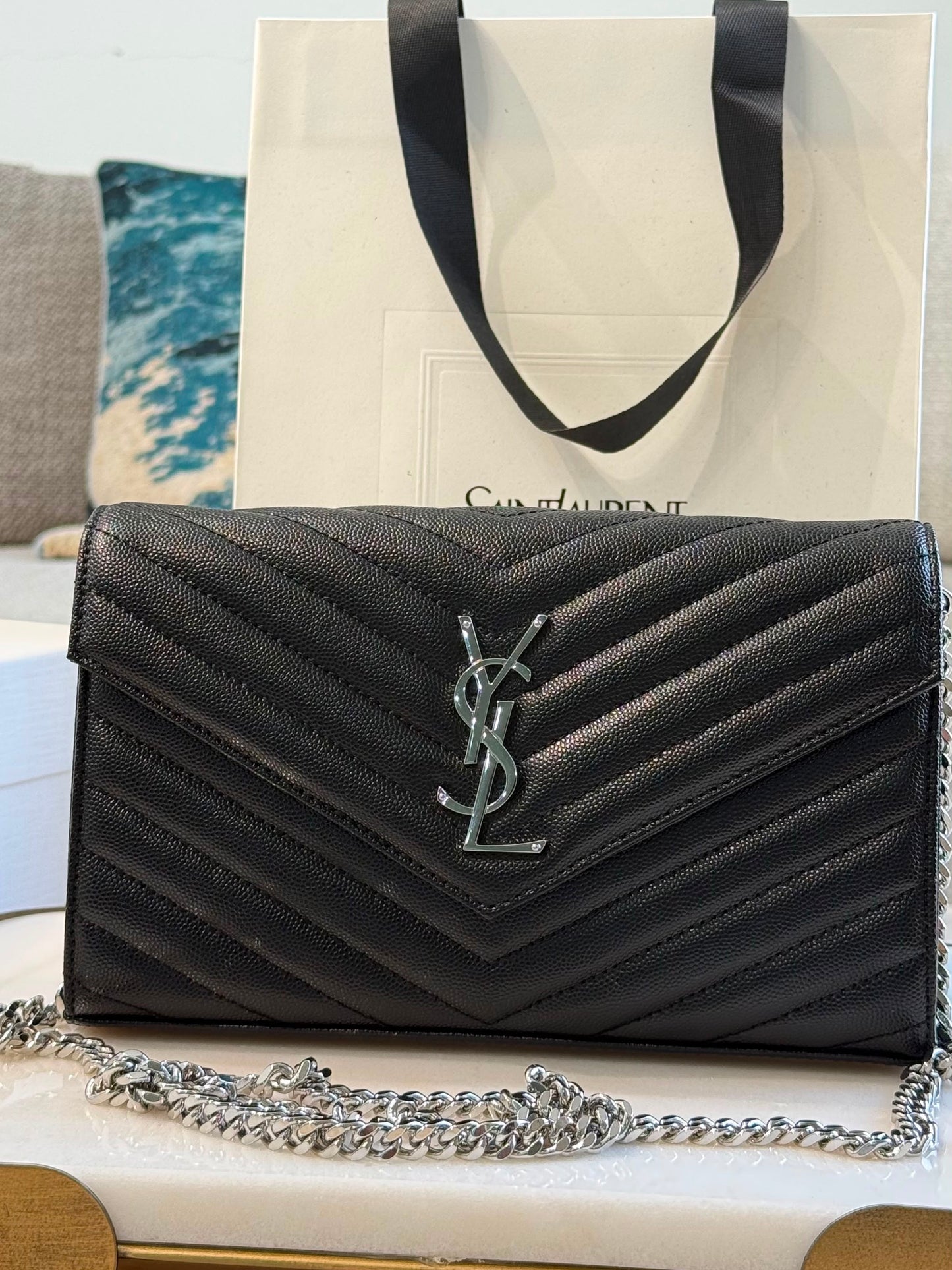 YSL Cassandre Wallet on Chain — Black &amp; Silver