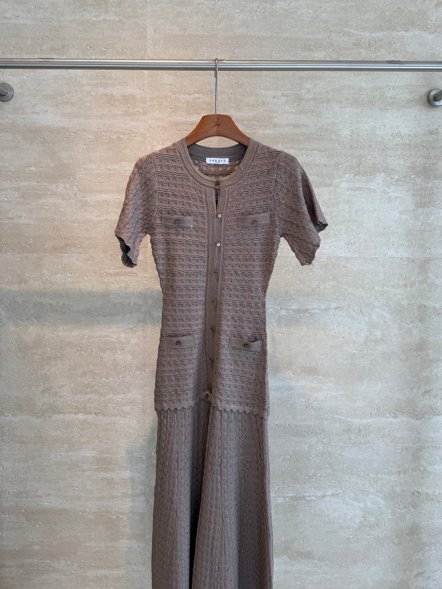 Sandro Paris Crochet-Knit Maxi Dress — Taupe