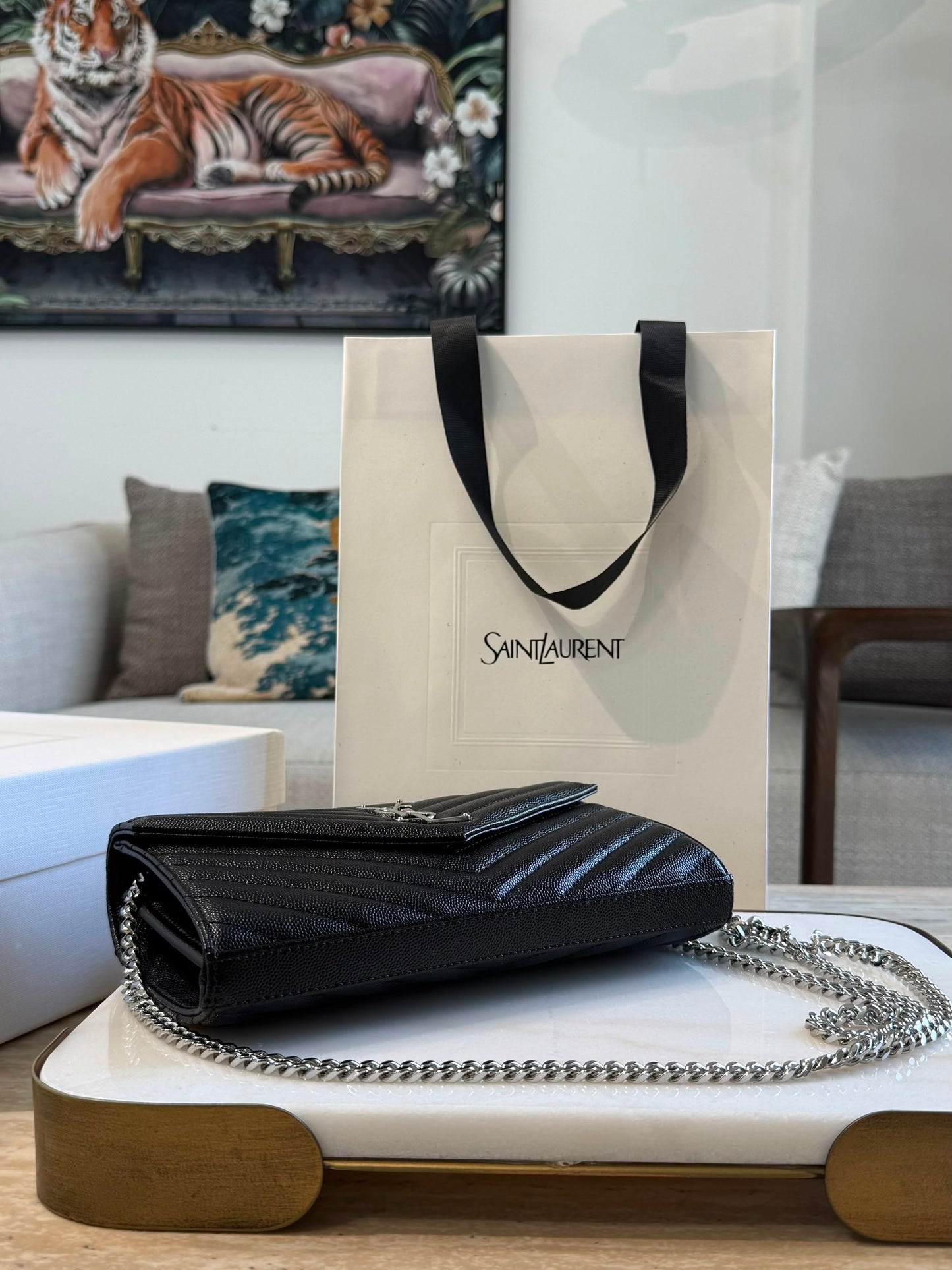 YSL Cassandre Wallet on Chain — Black &amp; Silver