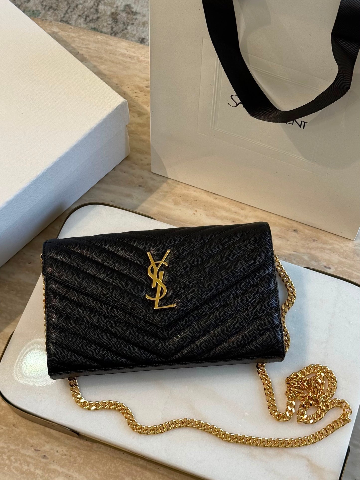 YSL Cassandre Wallet on Chain — Black &amp; Gold