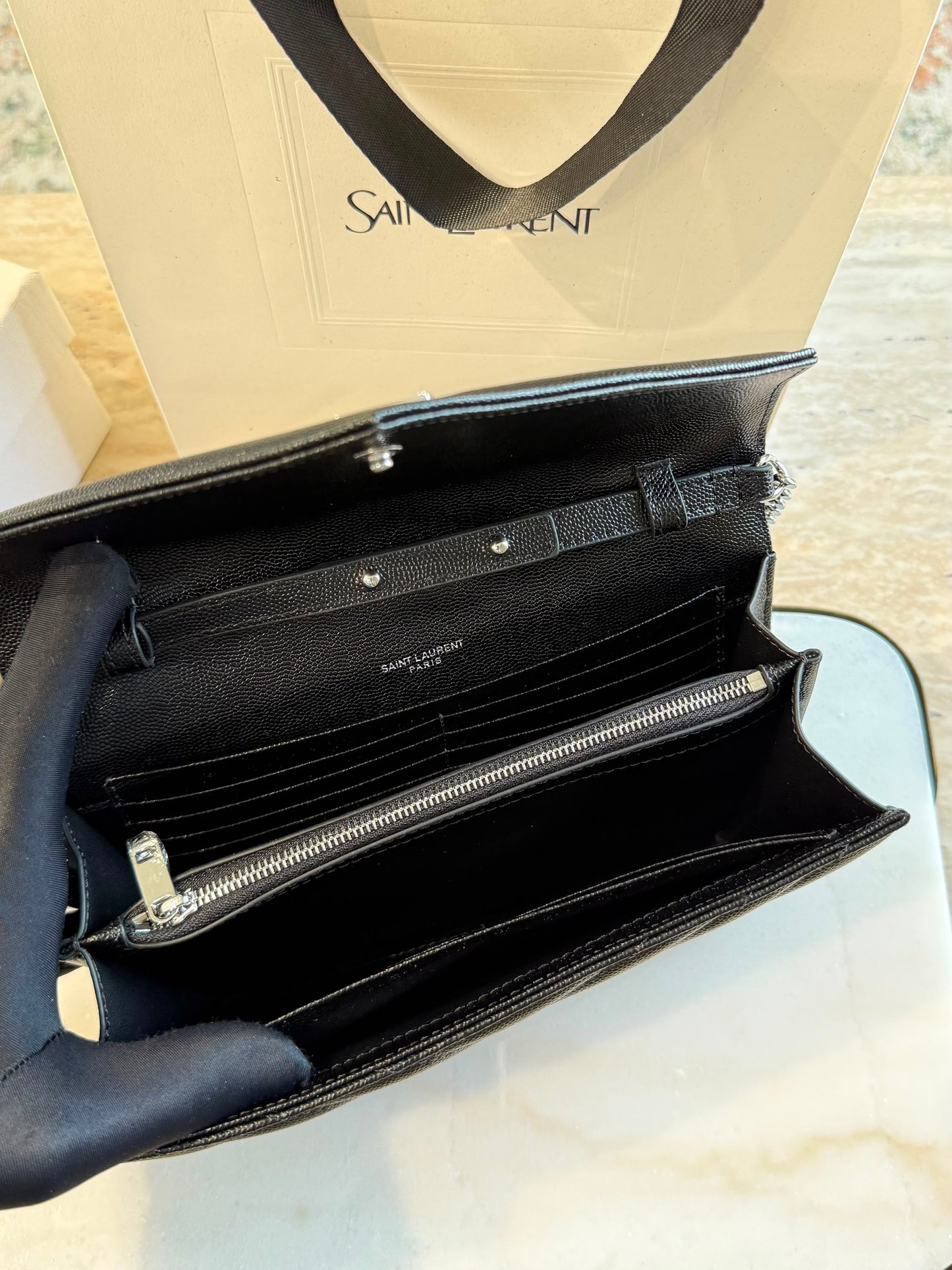 YSL Cassandre Wallet on Chain — Black &amp; Silver