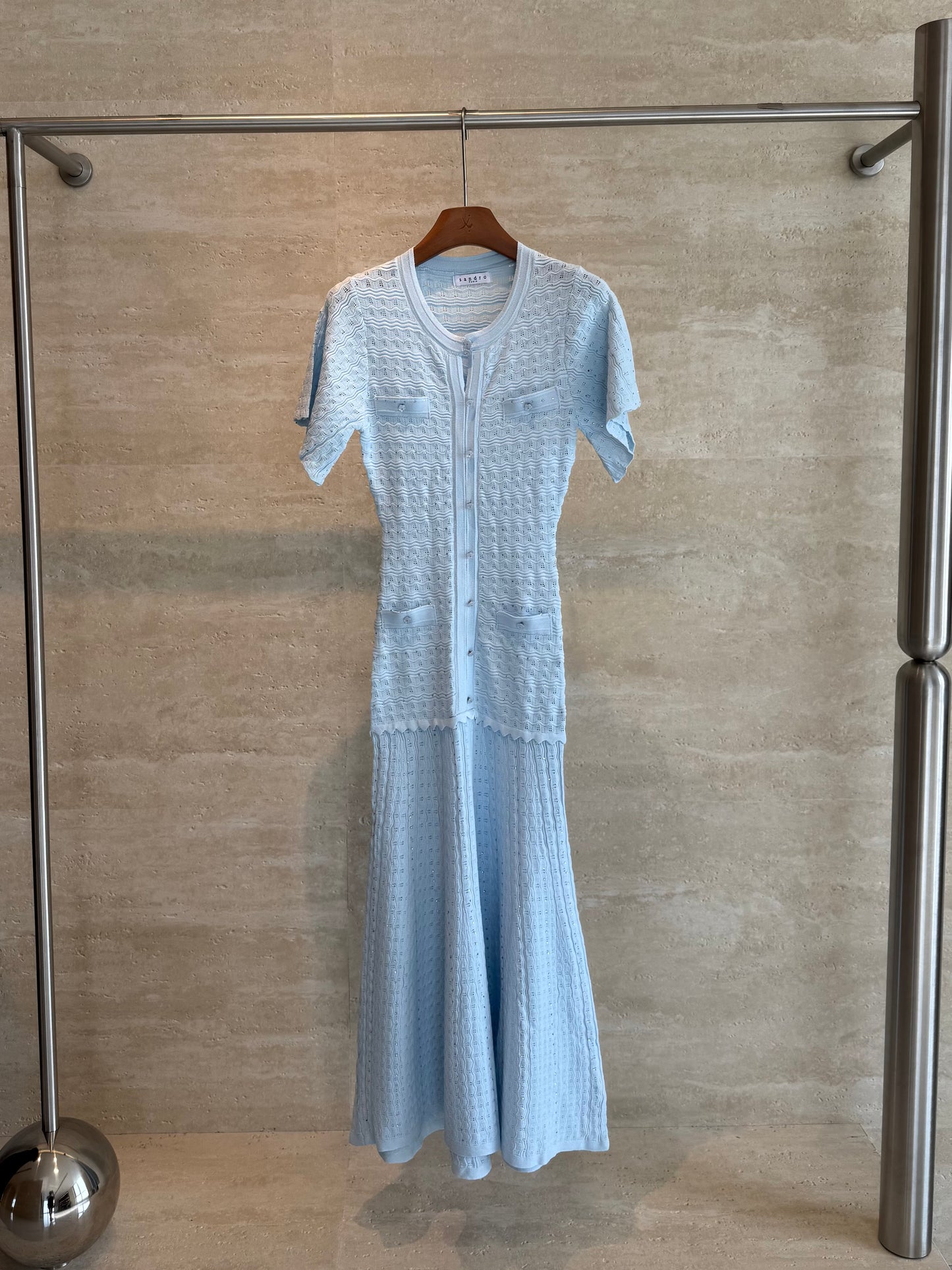 Sandro Paris Crochet-Knit Maxi Dress — Light Blue