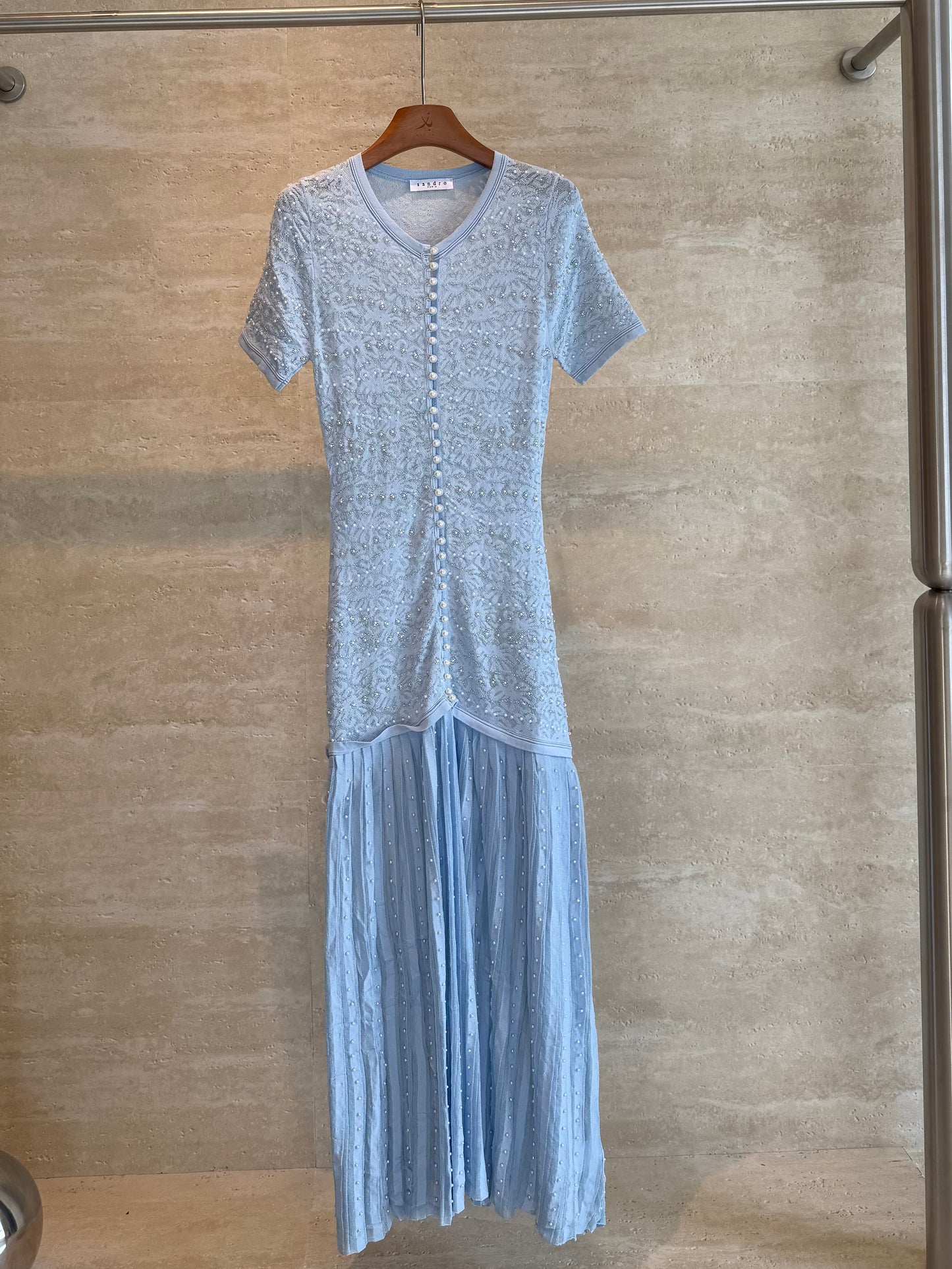 Sandro Paris Pearl-Embellished Knit Maxi Dress — Light Blue