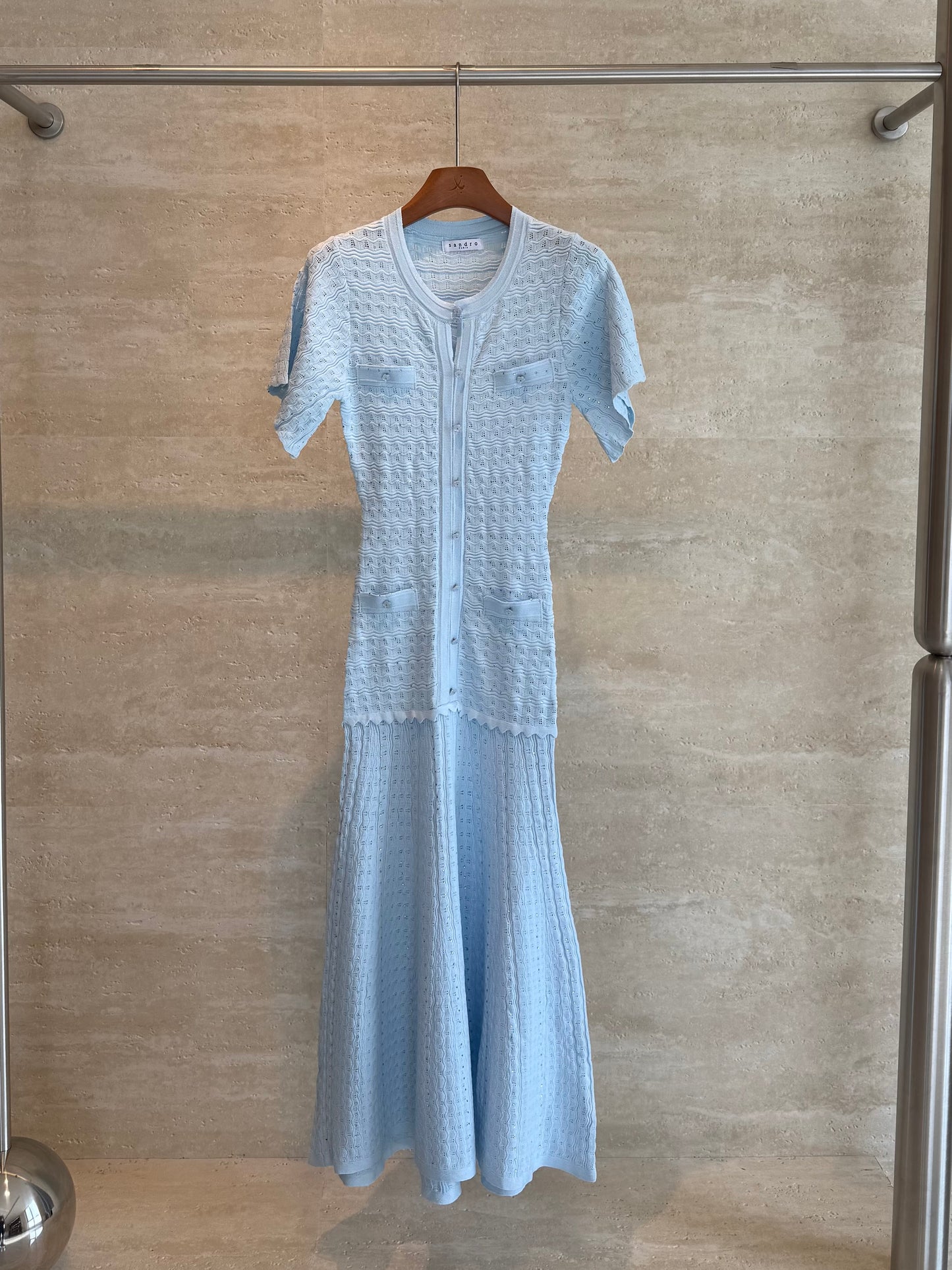 Sandro Paris Crochet-Knit Maxi Dress — Light Blue