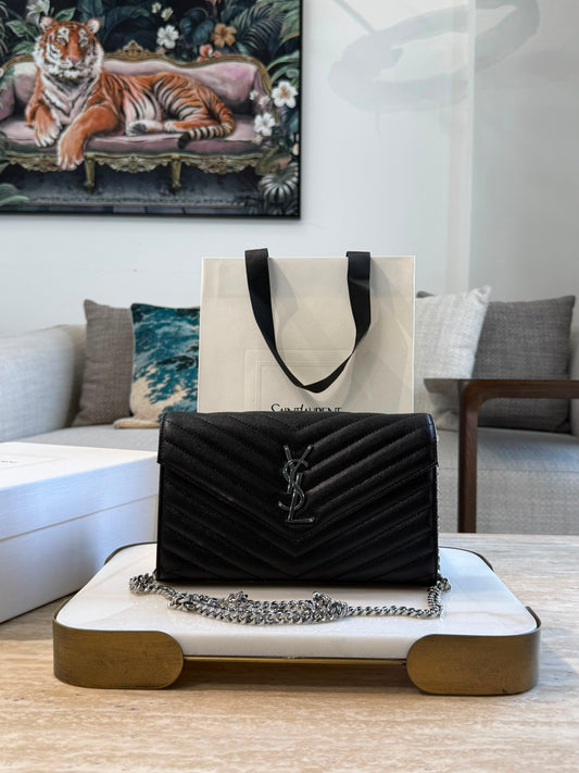 YSL Cassandre Wallet on Chain — Black &amp; Silver
