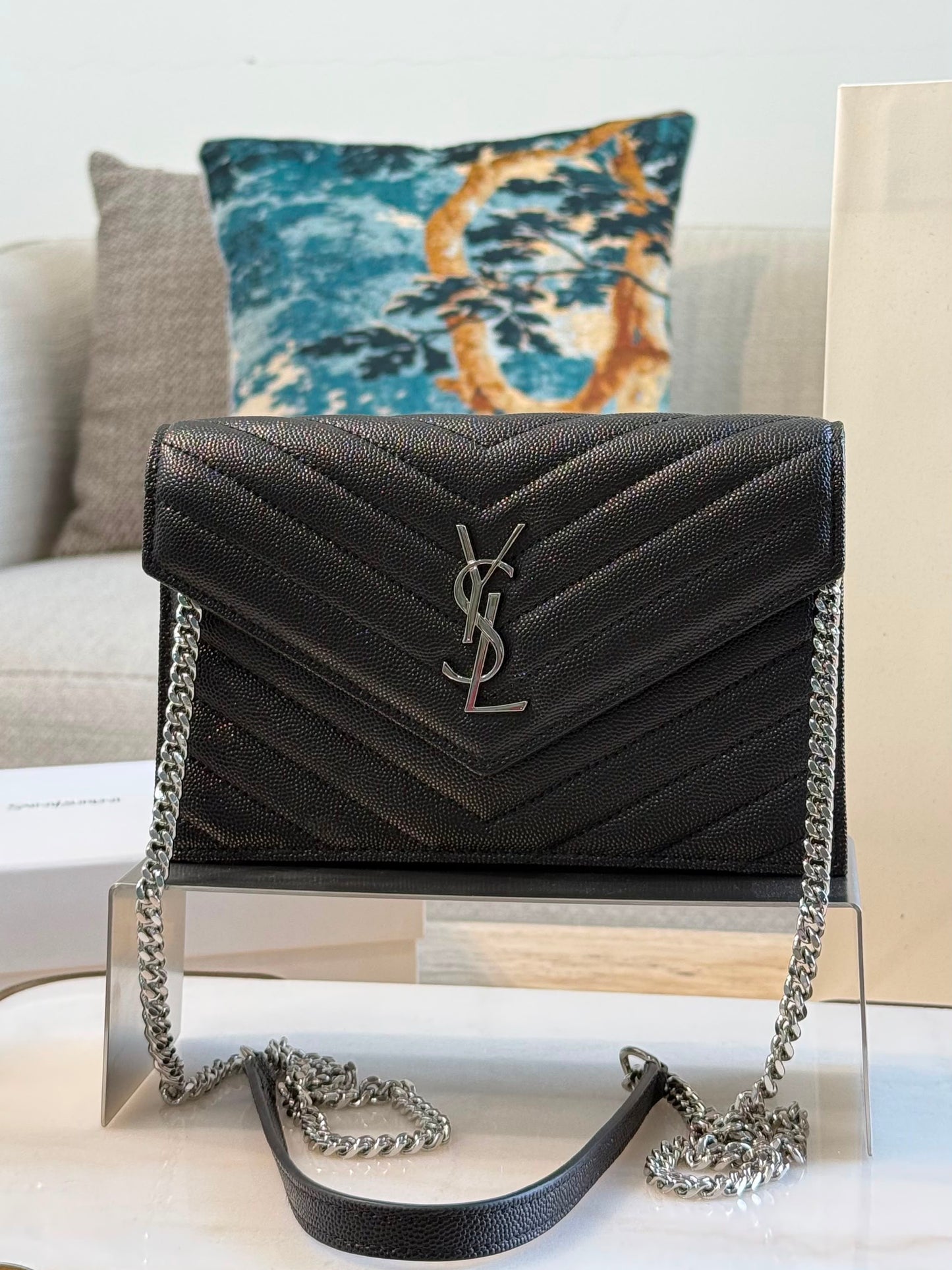 YSL Cassandre Envelope Wallet on Chain — Black &amp; Silver