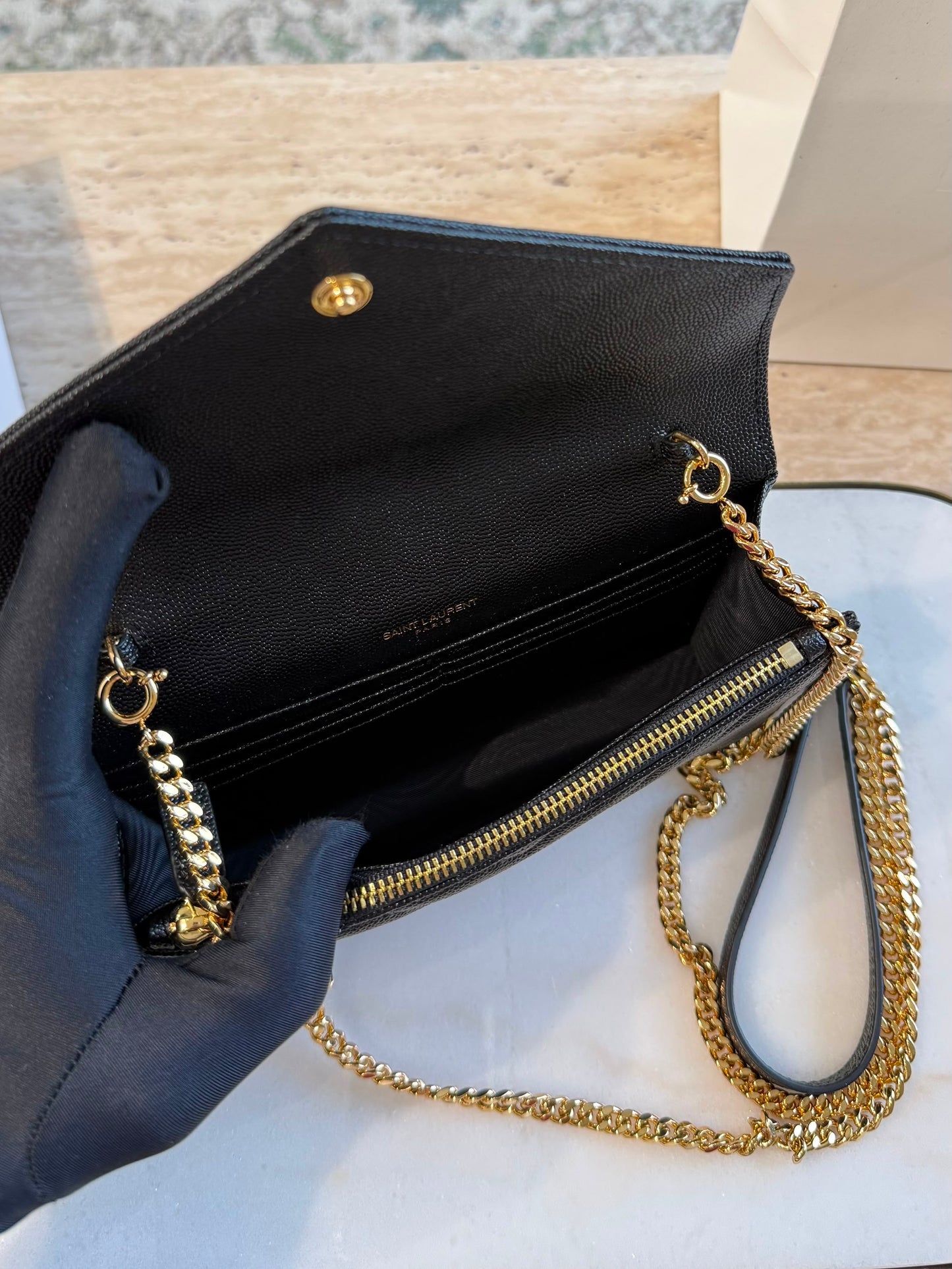 YSL Cassandre Envelope Wallet on Chain — Black &amp; Gold