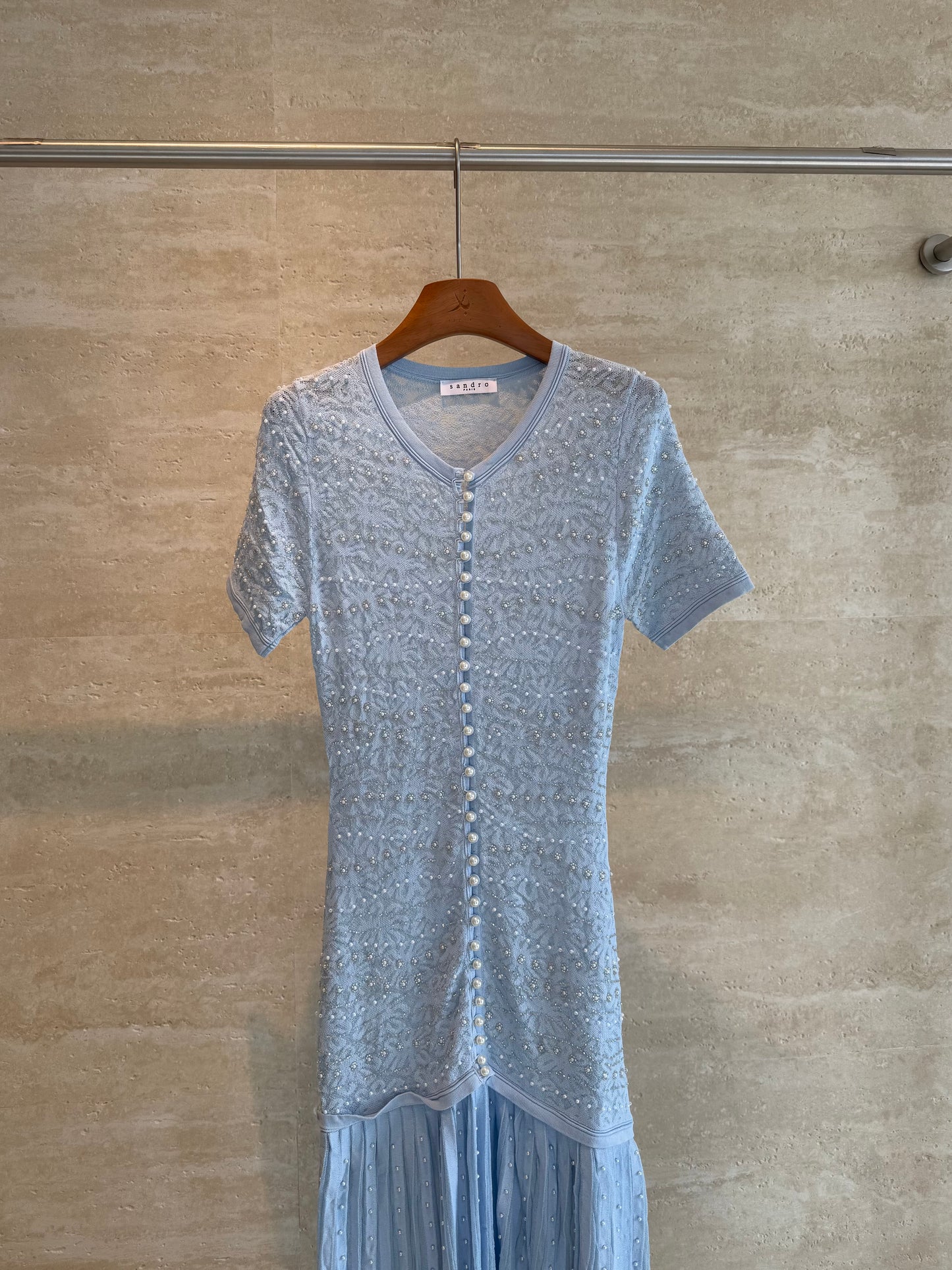 Sandro Paris Pearl-Embellished Knit Maxi Dress — Light Blue