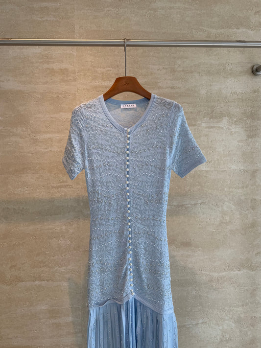 Sandro Paris Pearl-Embellished Knit Maxi Dress — Light Blue