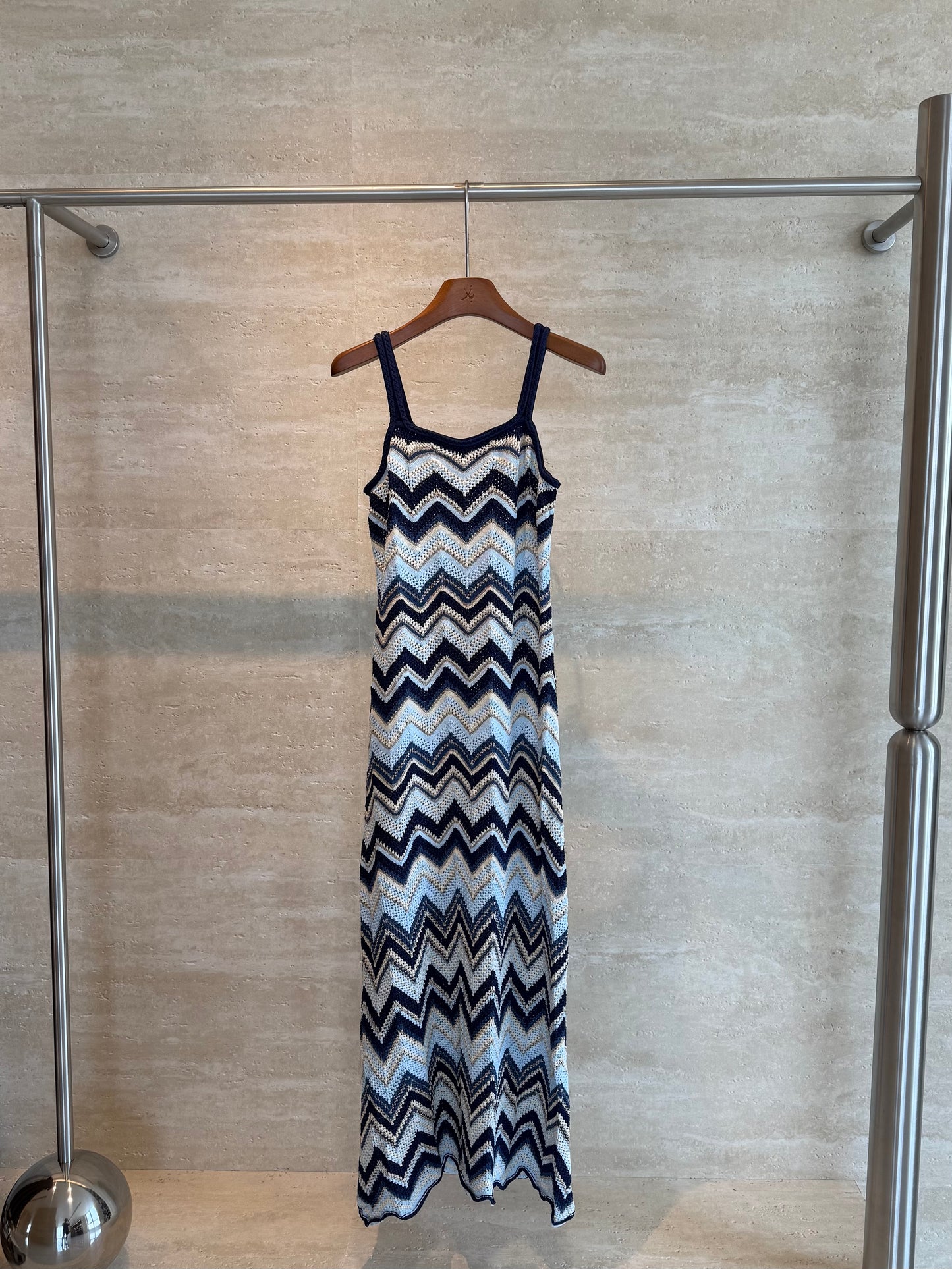 Maje Chevron Crochet Maxi Dress — Navy
