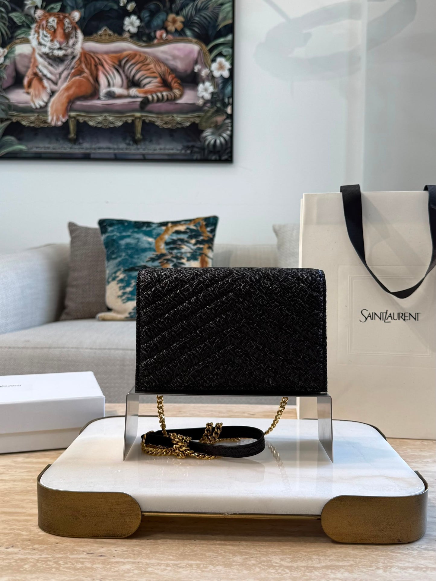 YSL Cassandre Envelope Wallet on Chain — Black &amp; Gold