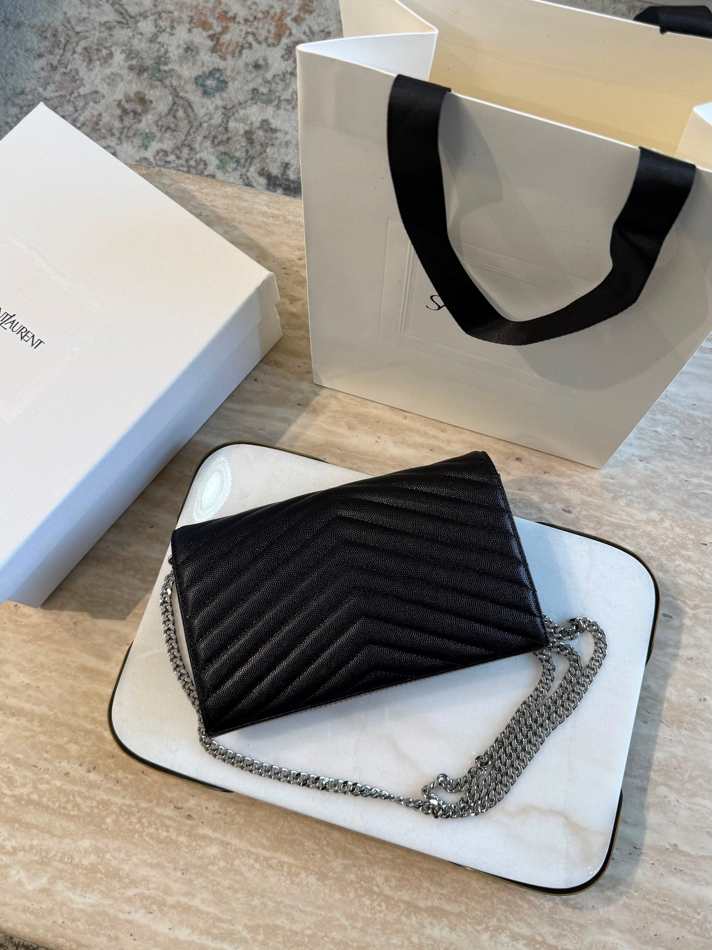 YSL Cassandre Wallet on Chain — Black &amp; Silver