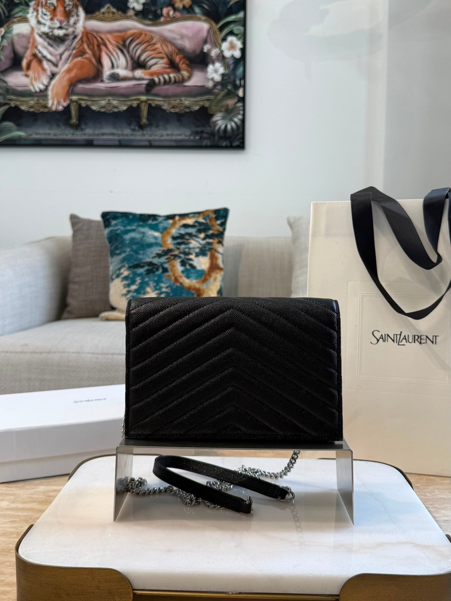 YSL Cassandre Envelope Wallet on Chain — Black &amp; Silver