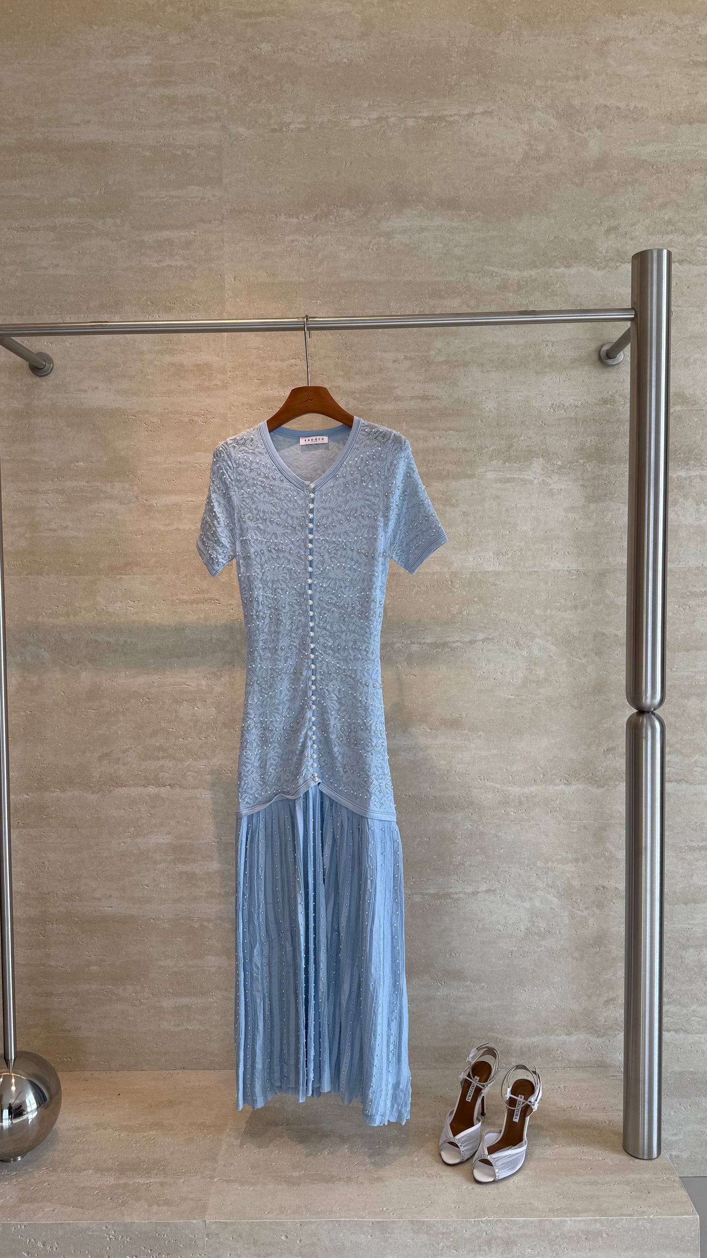 Sandro Paris Pearl-Embellished Knit Maxi Dress — Light Blue