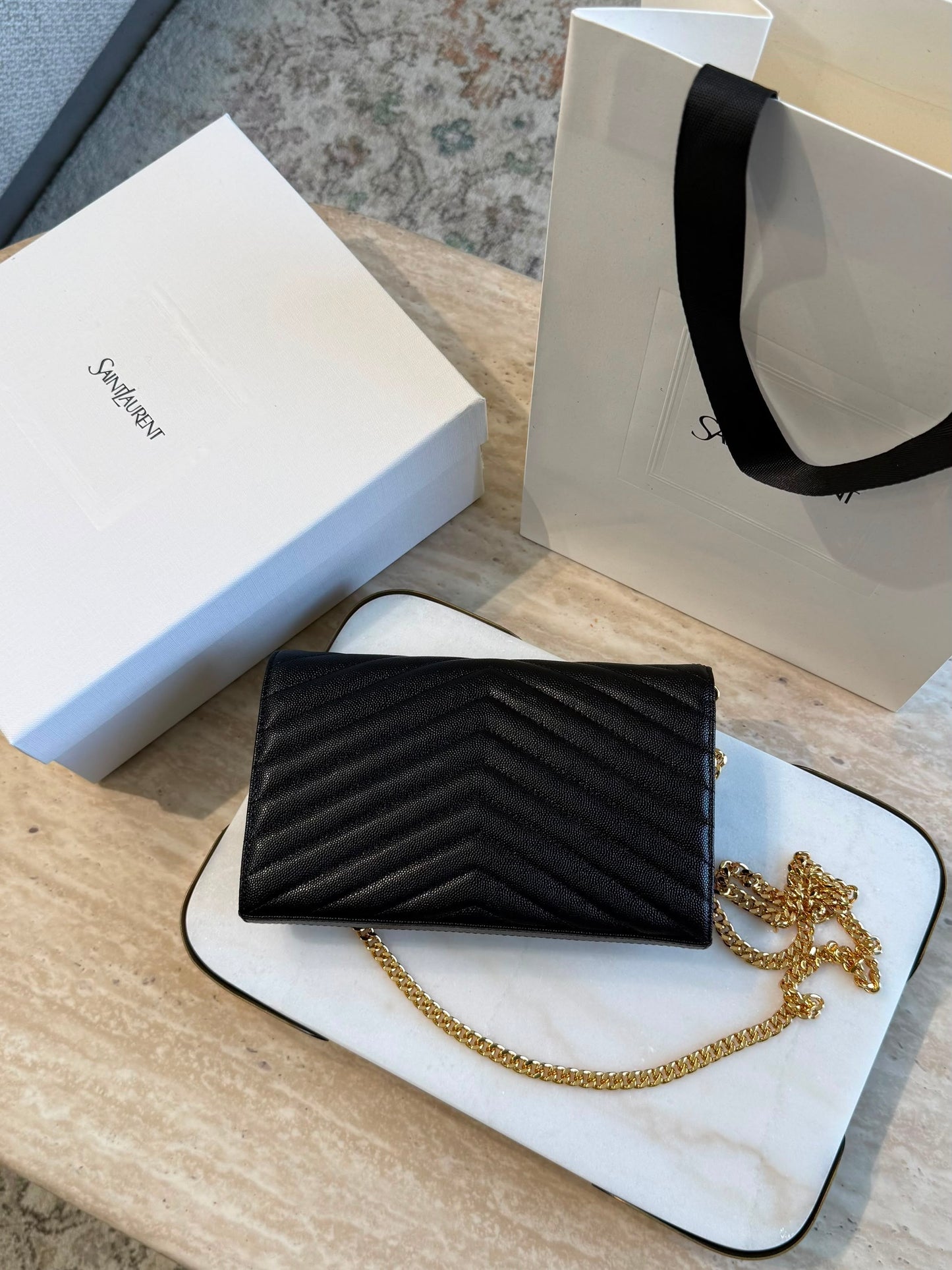 YSL Cassandre Wallet on Chain — Black &amp; Gold