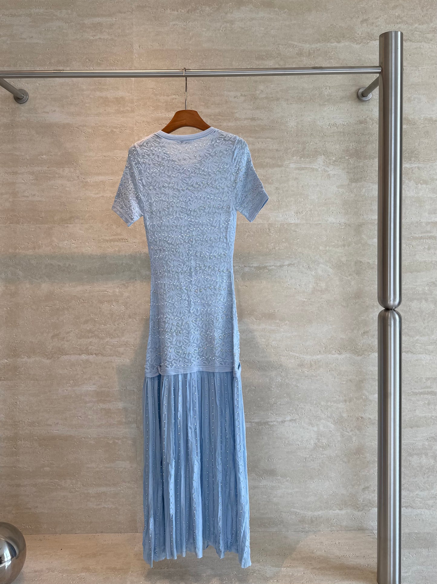 Sandro Paris Pearl-Embellished Knit Maxi Dress — Light Blue