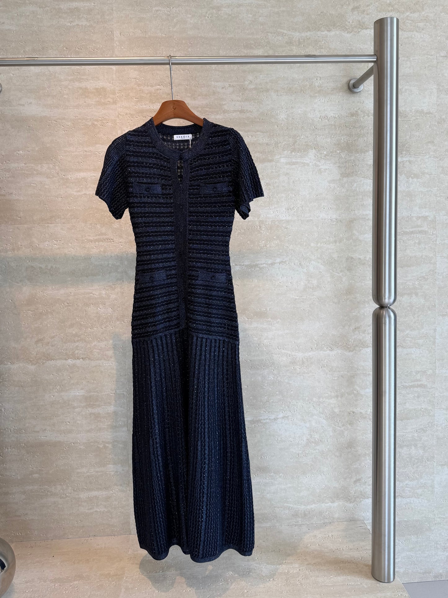 Sandro Paris Crochet-Knit Maxi Dress — Navy Blue
