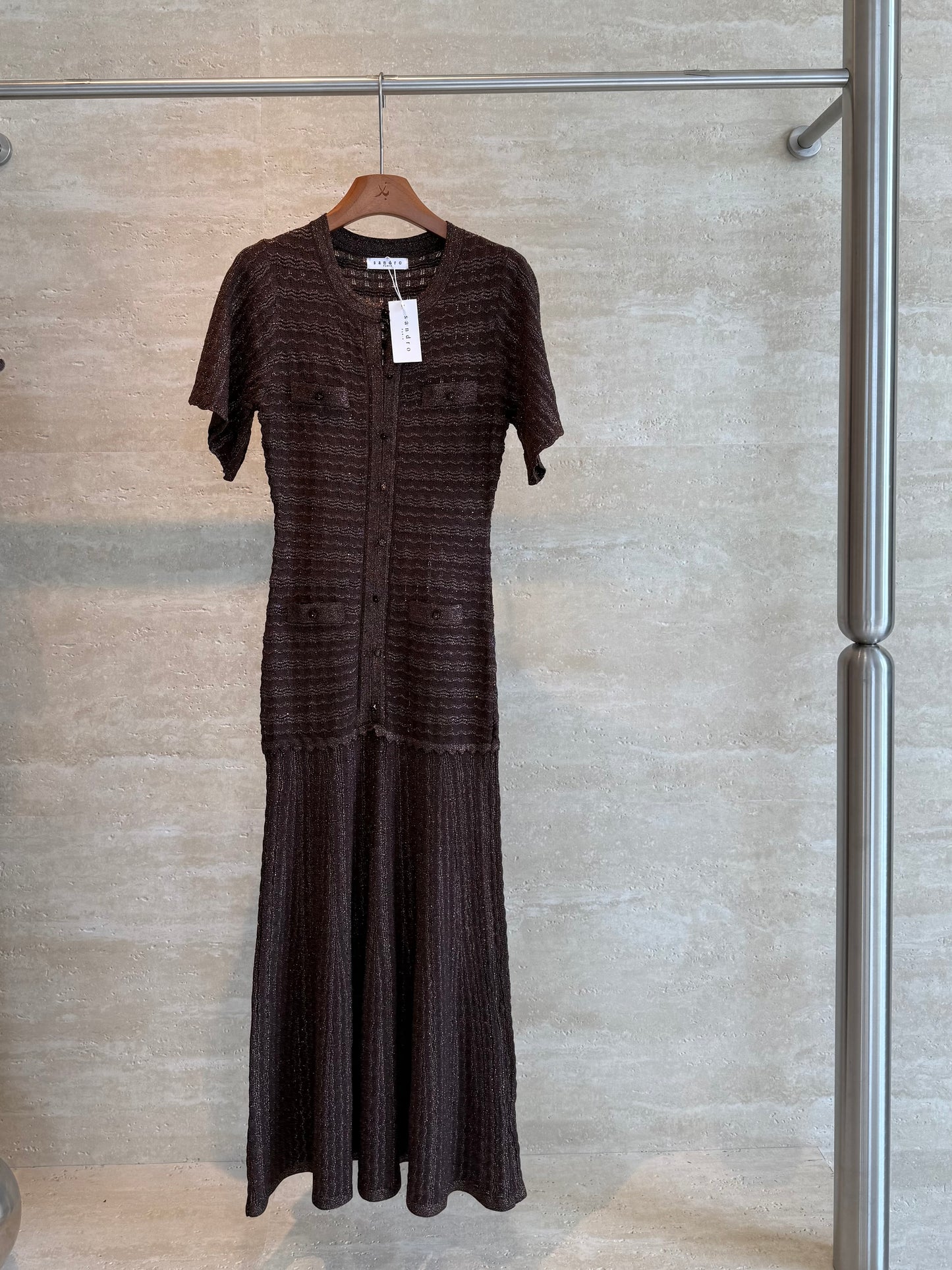 Sandro Paris Crochet-Knit Maxi Dress — Bronze