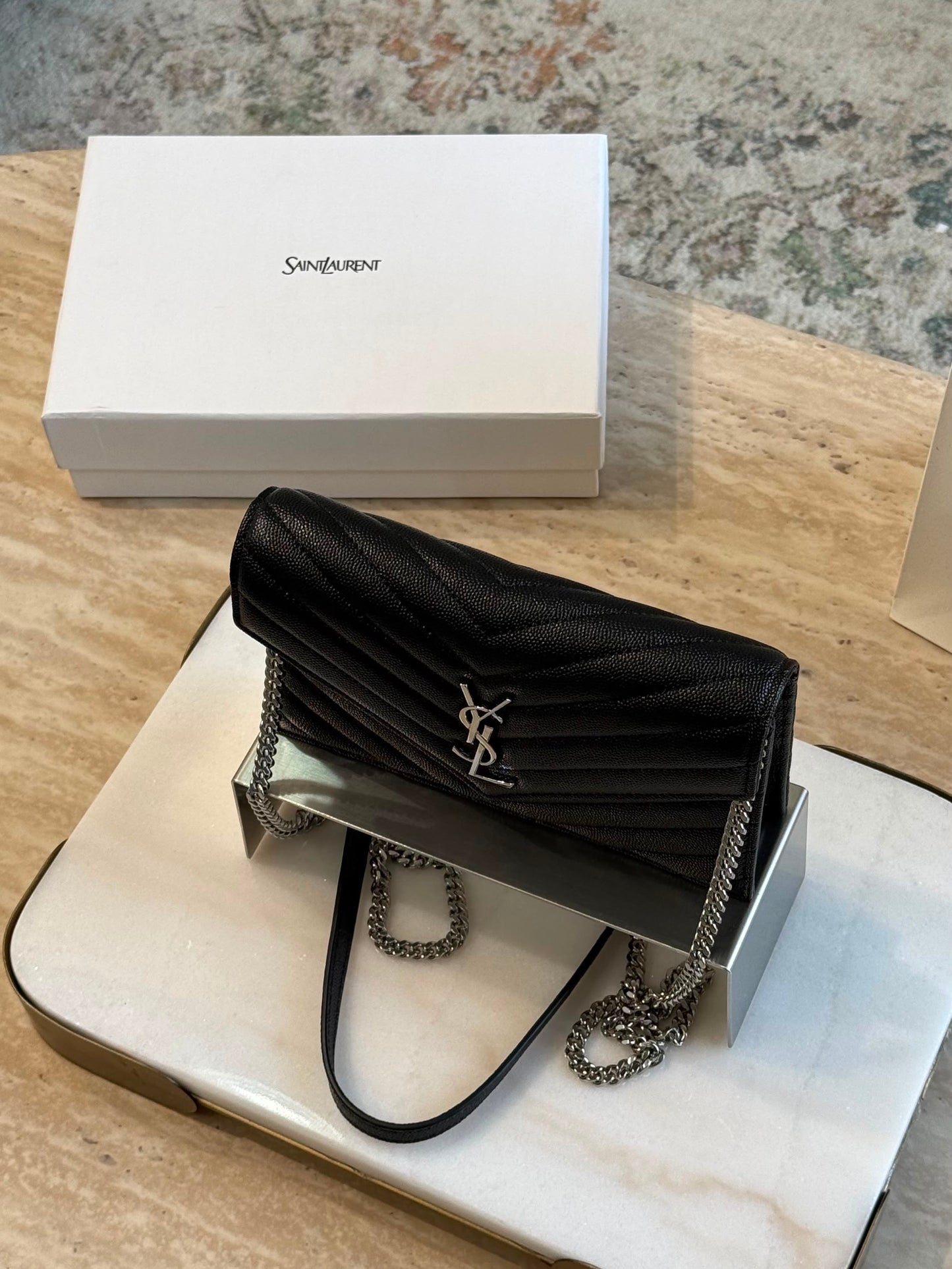 YSL Cassandre Envelope Wallet on Chain — Black &amp; Silver