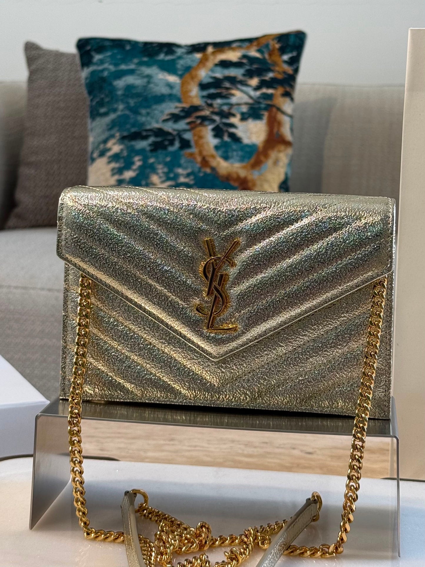 YSL Cassandre Envelope Wallet on Chain — Gold