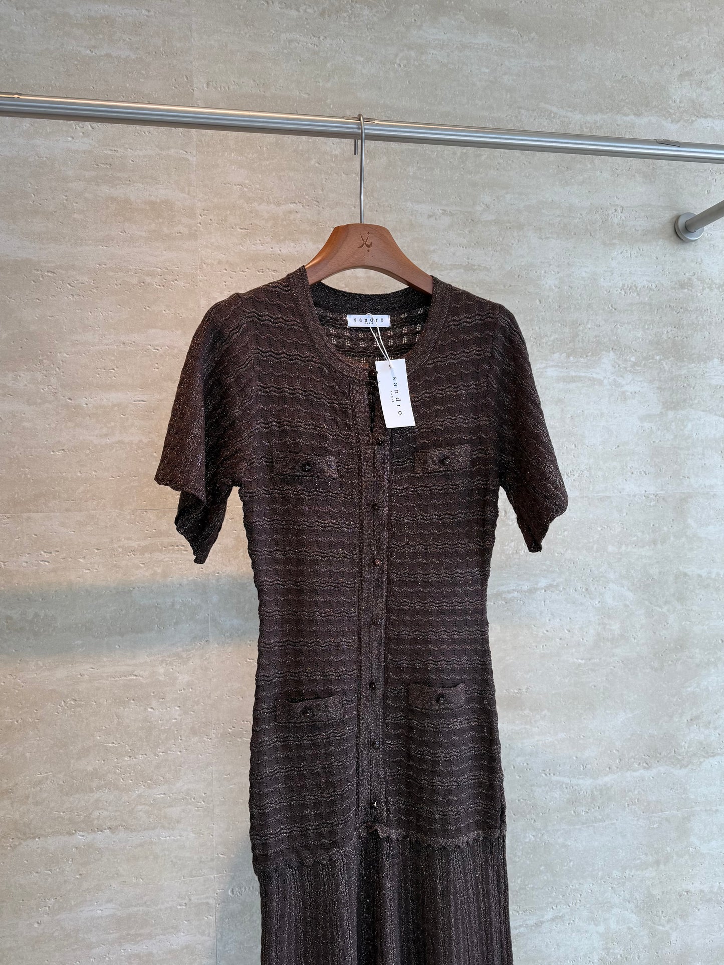 Sandro Paris Crochet-Knit Maxi Dress — Bronze