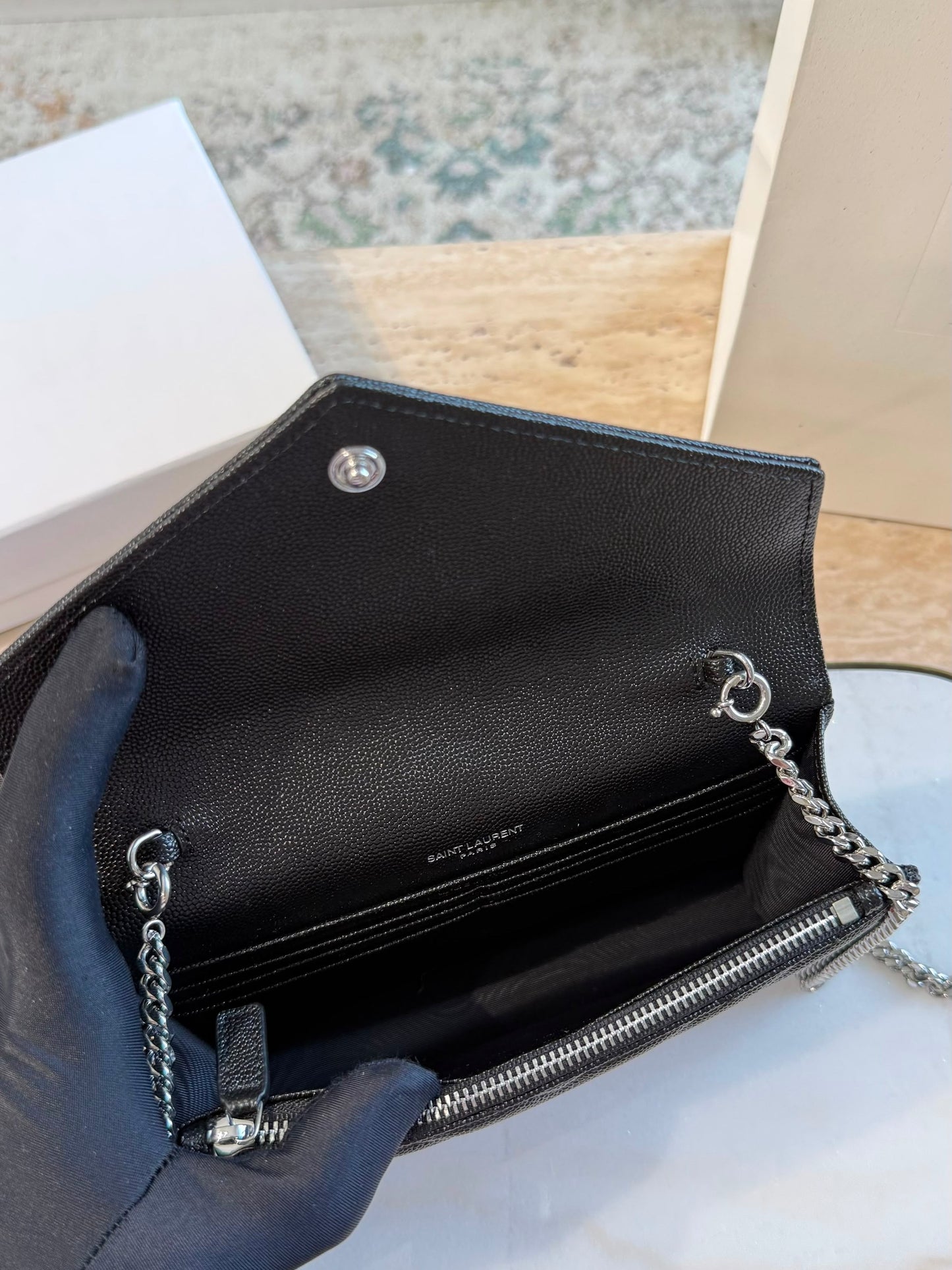 YSL Cassandre Envelope Wallet on Chain — Black &amp; Silver