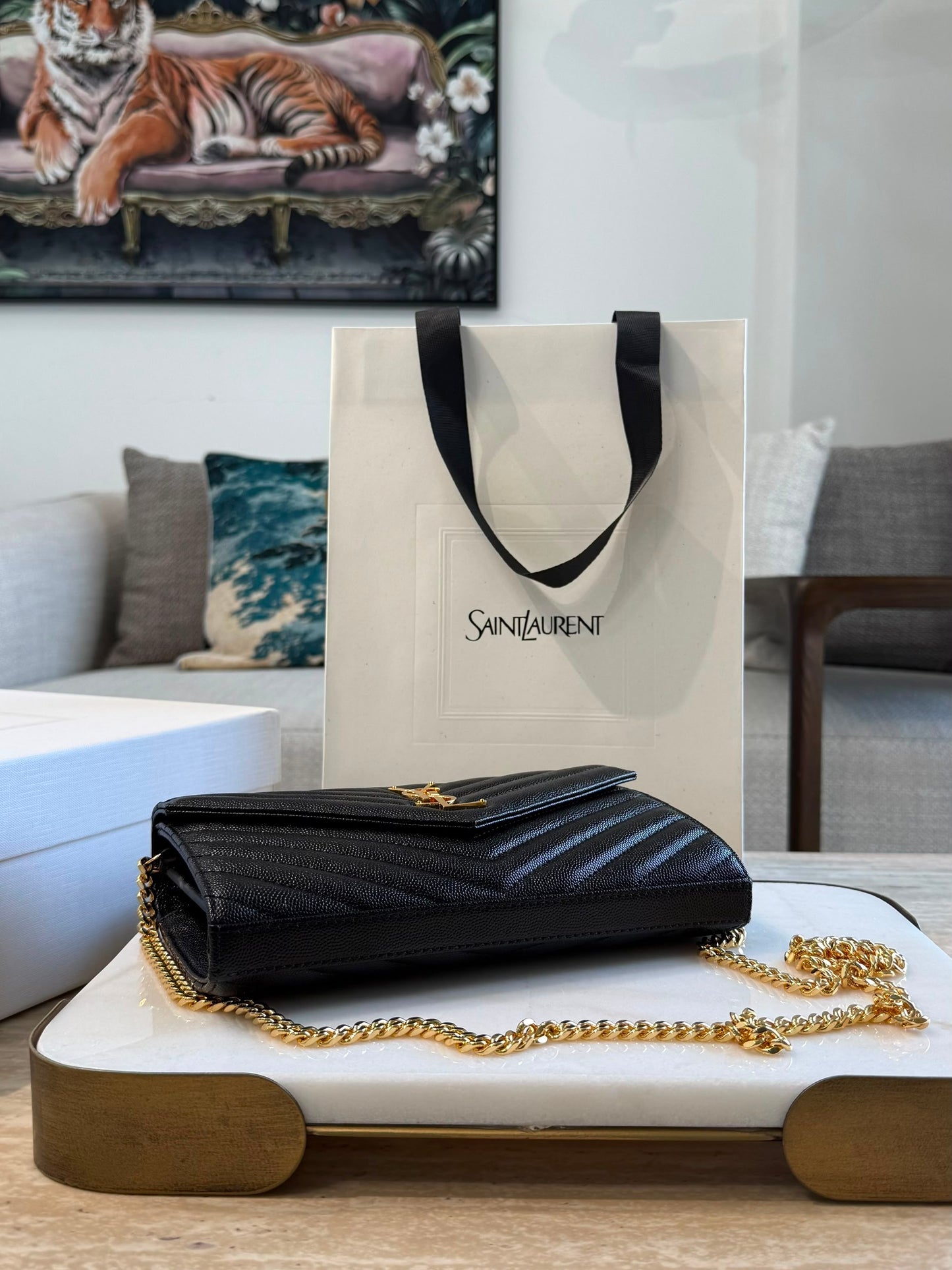 YSL Cassandre Wallet on Chain — Black &amp; Gold