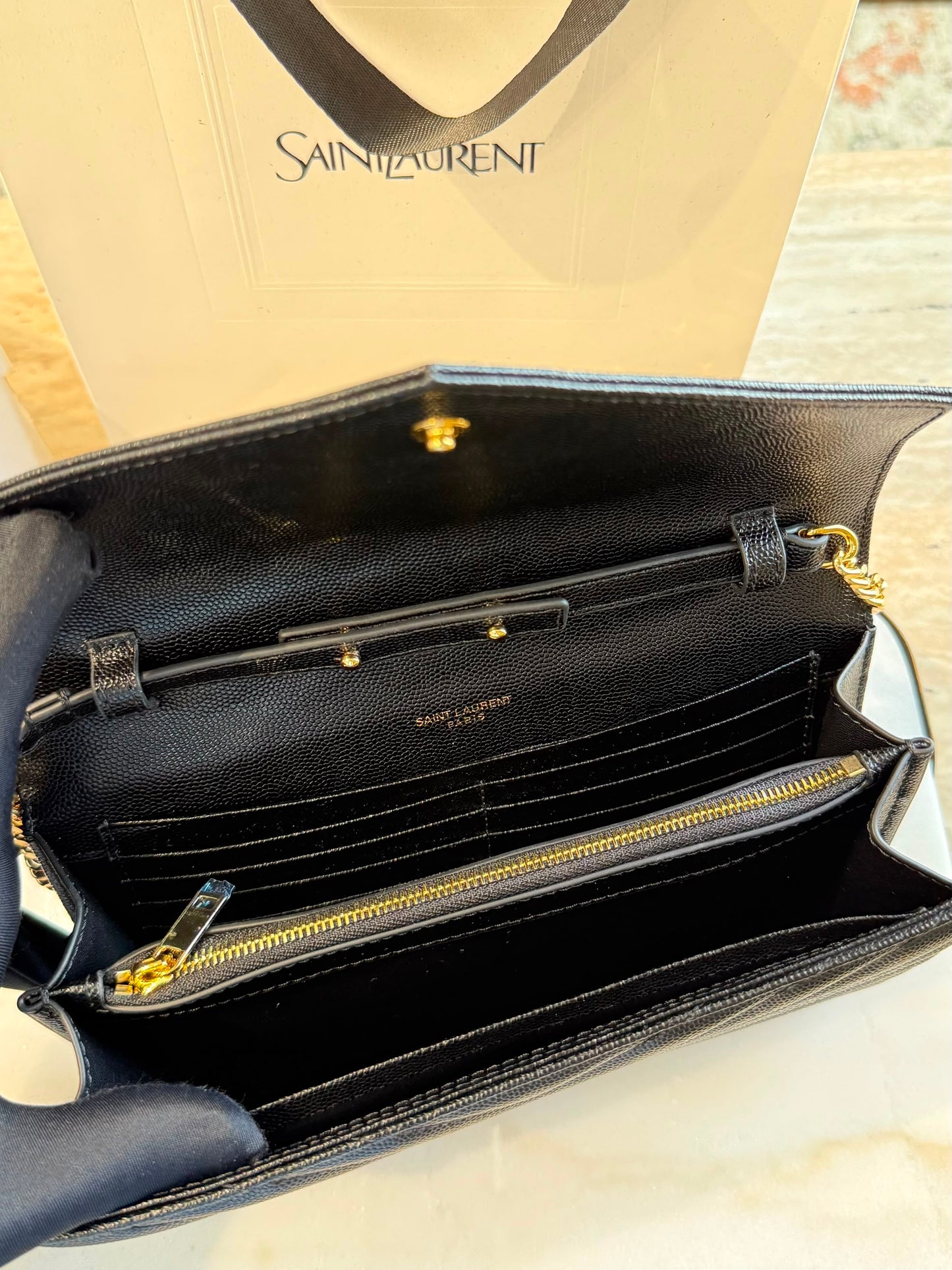 YSL Cassandre Wallet on Chain — Black &amp; Gold