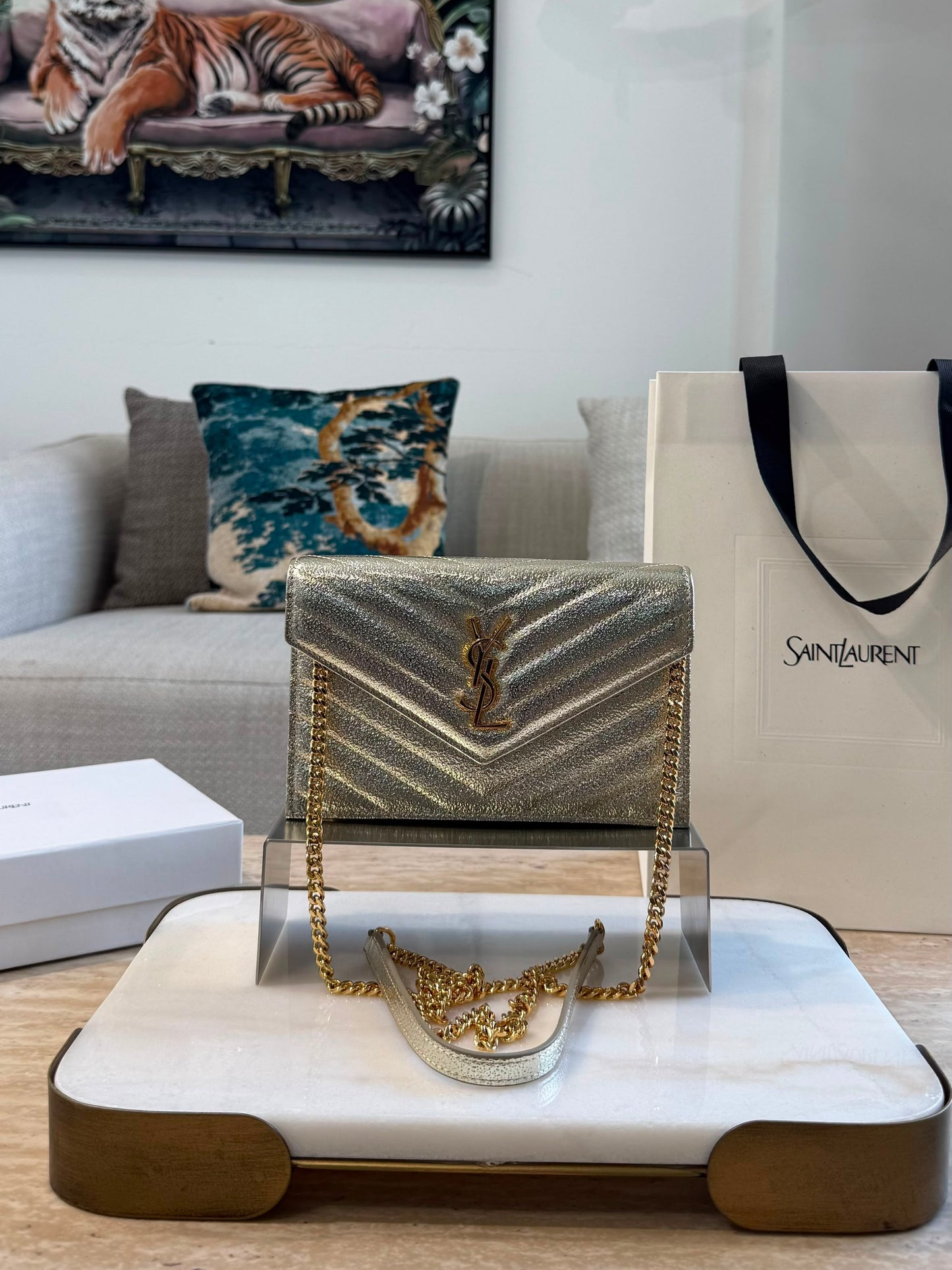 YSL Cassandre Envelope Wallet on Chain — Gold