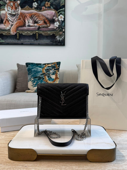 YSL Cassandre Envelope Wallet on Chain — Black &amp; Silver