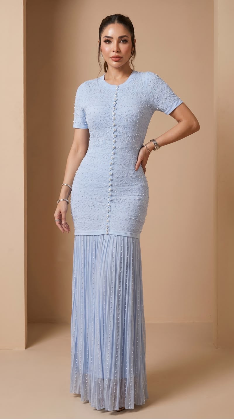 Sandro Paris Pearl-Embellished Knit Maxi Dress — Light Blue