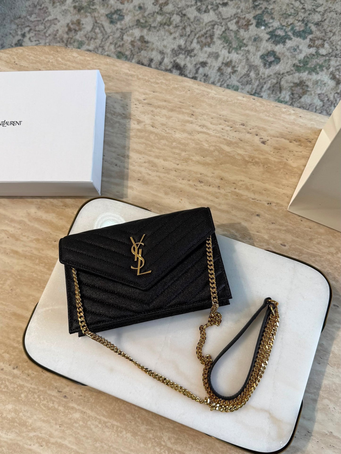YSL Cassandre Envelope Wallet on Chain — Black &amp; Gold