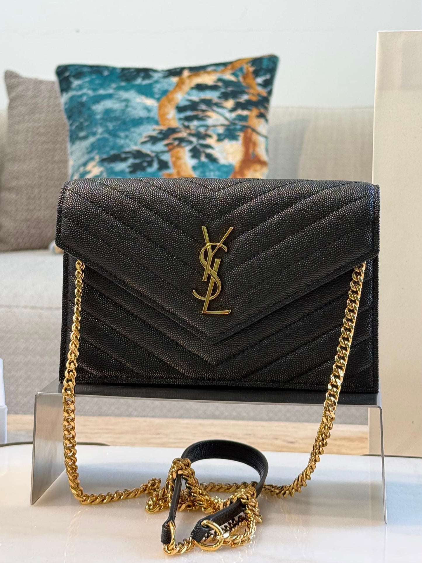 YSL Cassandre Envelope Wallet on Chain — Black &amp; Gold