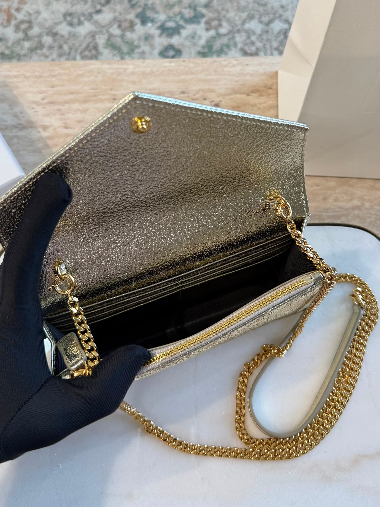 YSL Cassandre Envelope Wallet on Chain — Gold