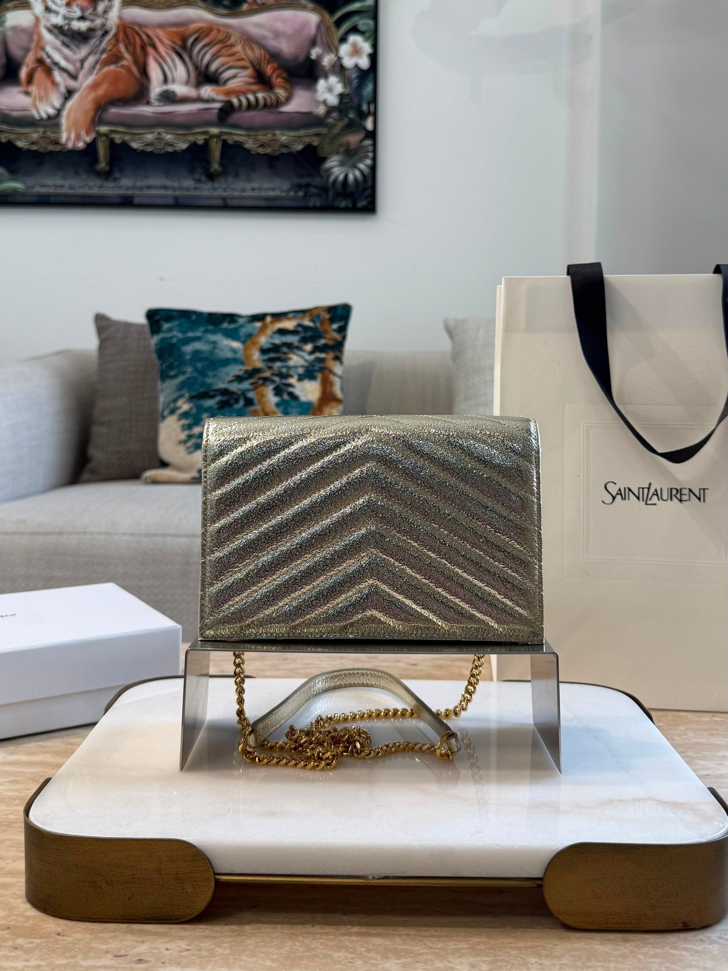 YSL Cassandre Envelope Wallet on Chain — Gold
