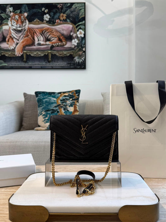 YSL Cassandre Envelope Wallet on Chain — Black &amp; Gold