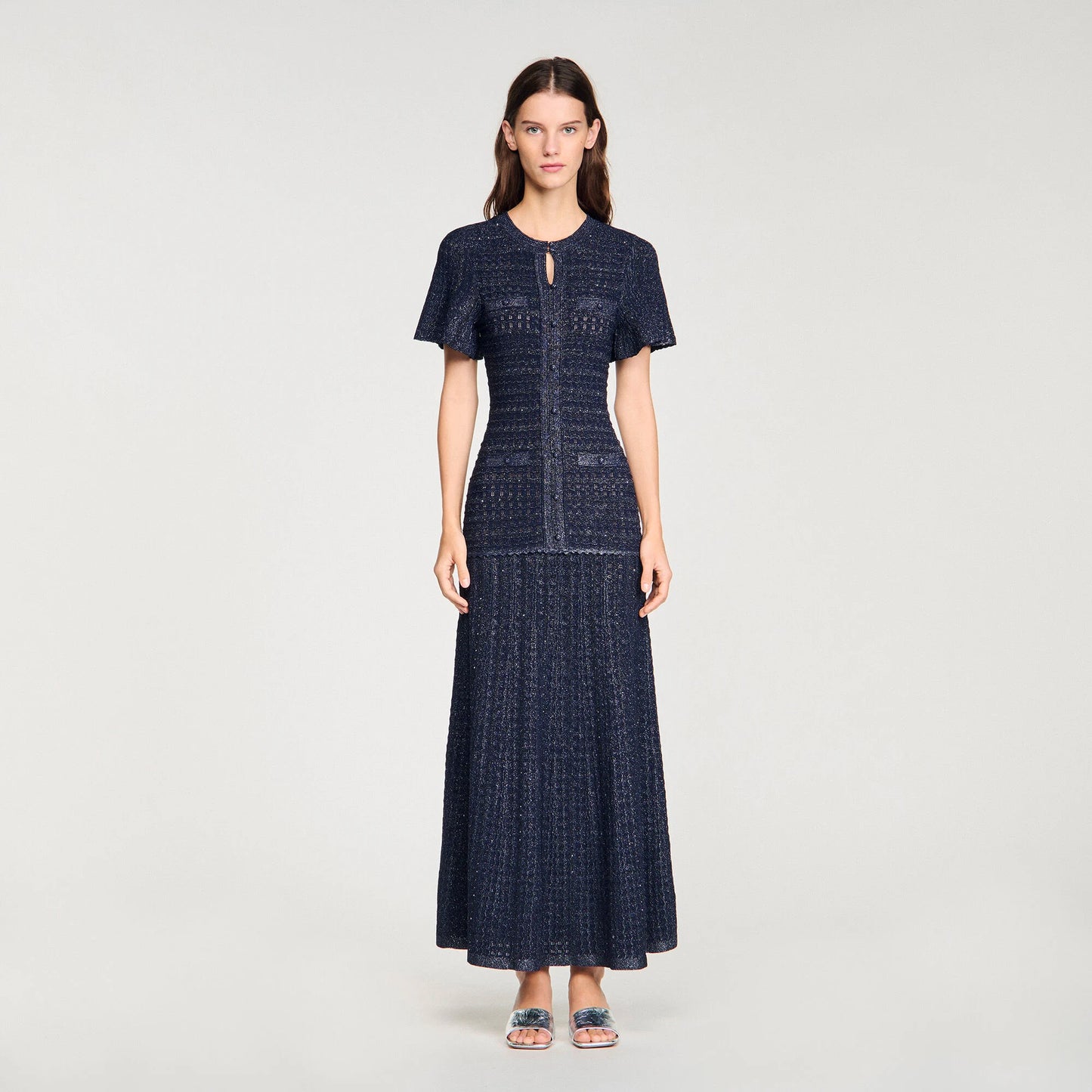 Sandro Paris Crochet-Knit Maxi Dress — Navy Blue
